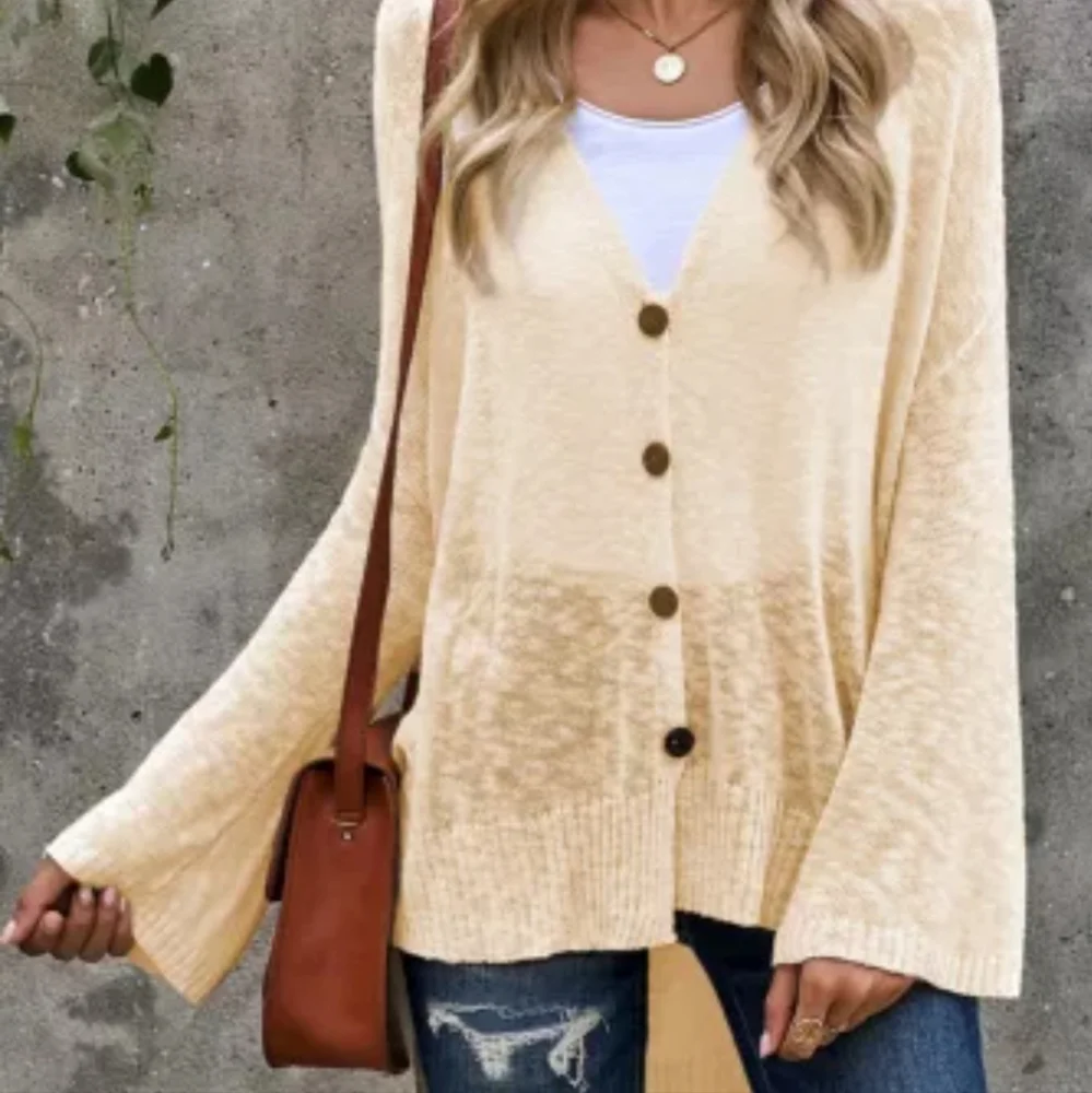 🍁New Apricot Loose Lightweight V Neck Buttoned Sheer Knit Cardigan - Picture 16 of 17
